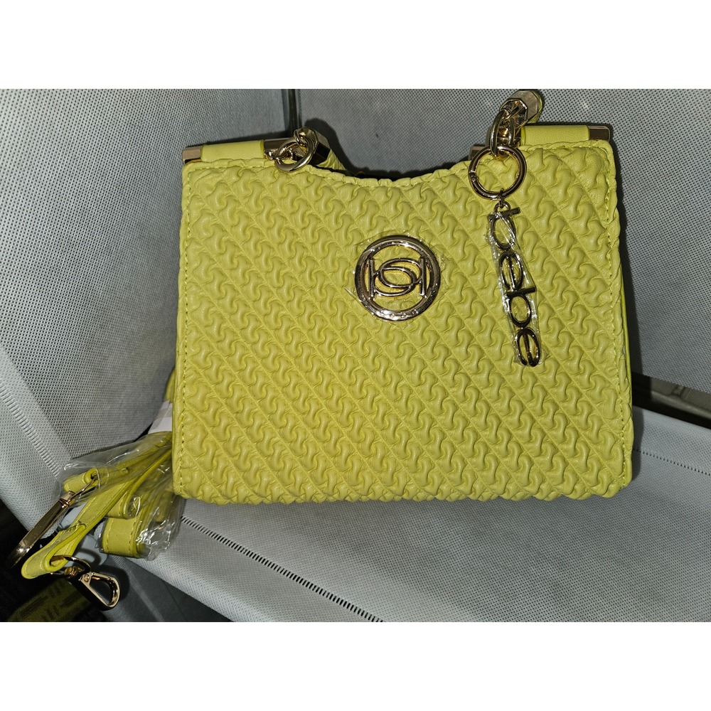 Bebe Lime Yellow Textured Mini Satchel Crossbody Bag Gold Hardware Logo Charm